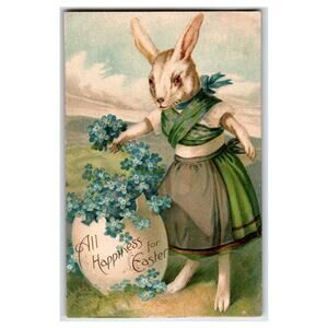 1908 Dressed Easter Bunny w/Forget-Me-Nots & Egg Postcard - German Lithograph